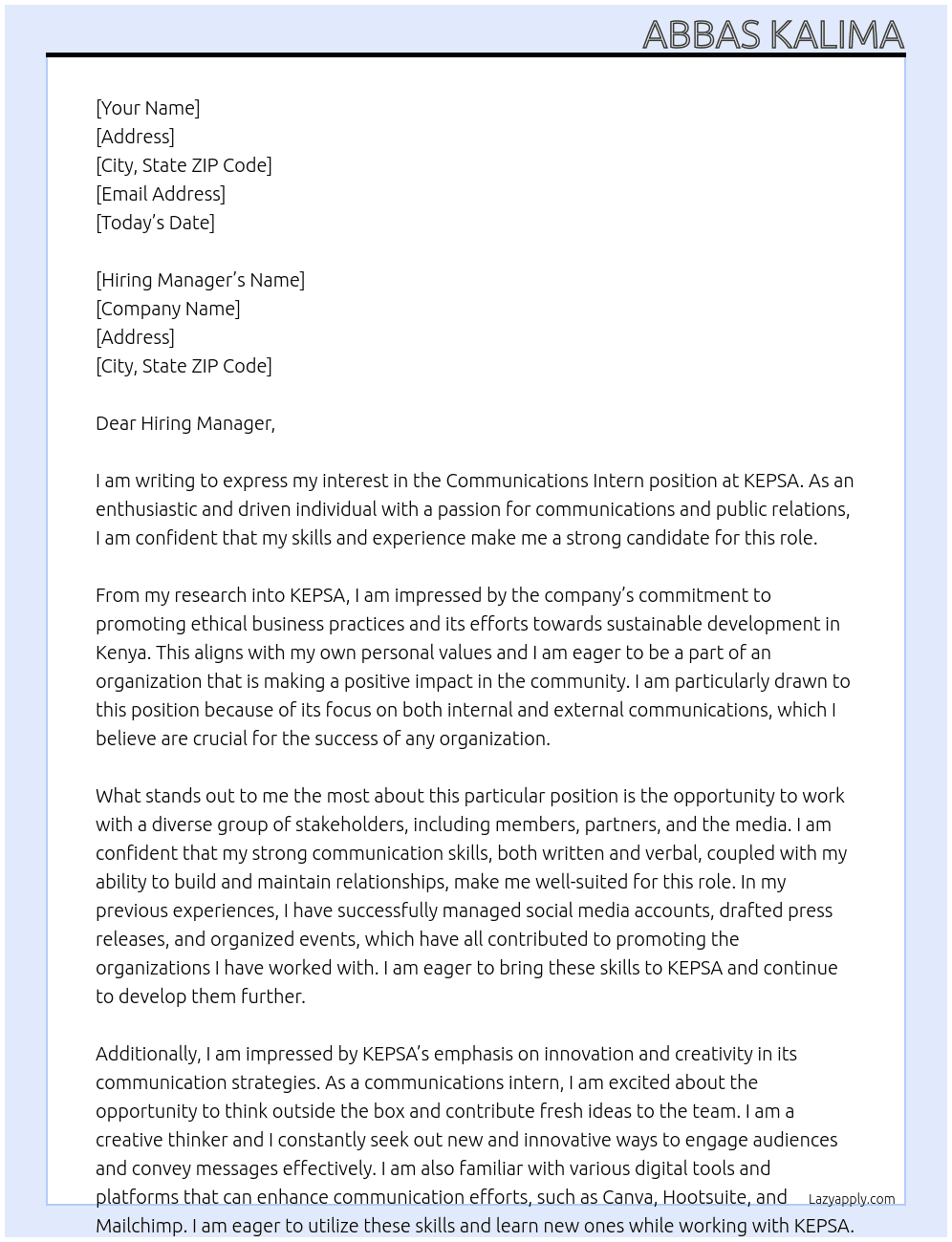 Communications Intern At KEPSA Cover Letter