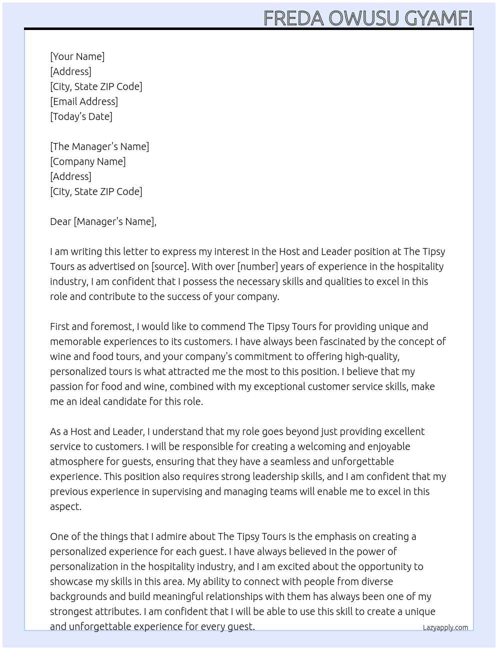 Host and your leader At The tipsy tours Cover Letter