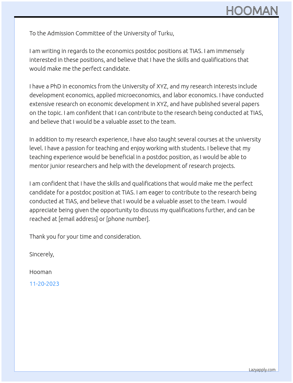 economics  postdoc positions at TIAS  At University of Turku Cover Letter