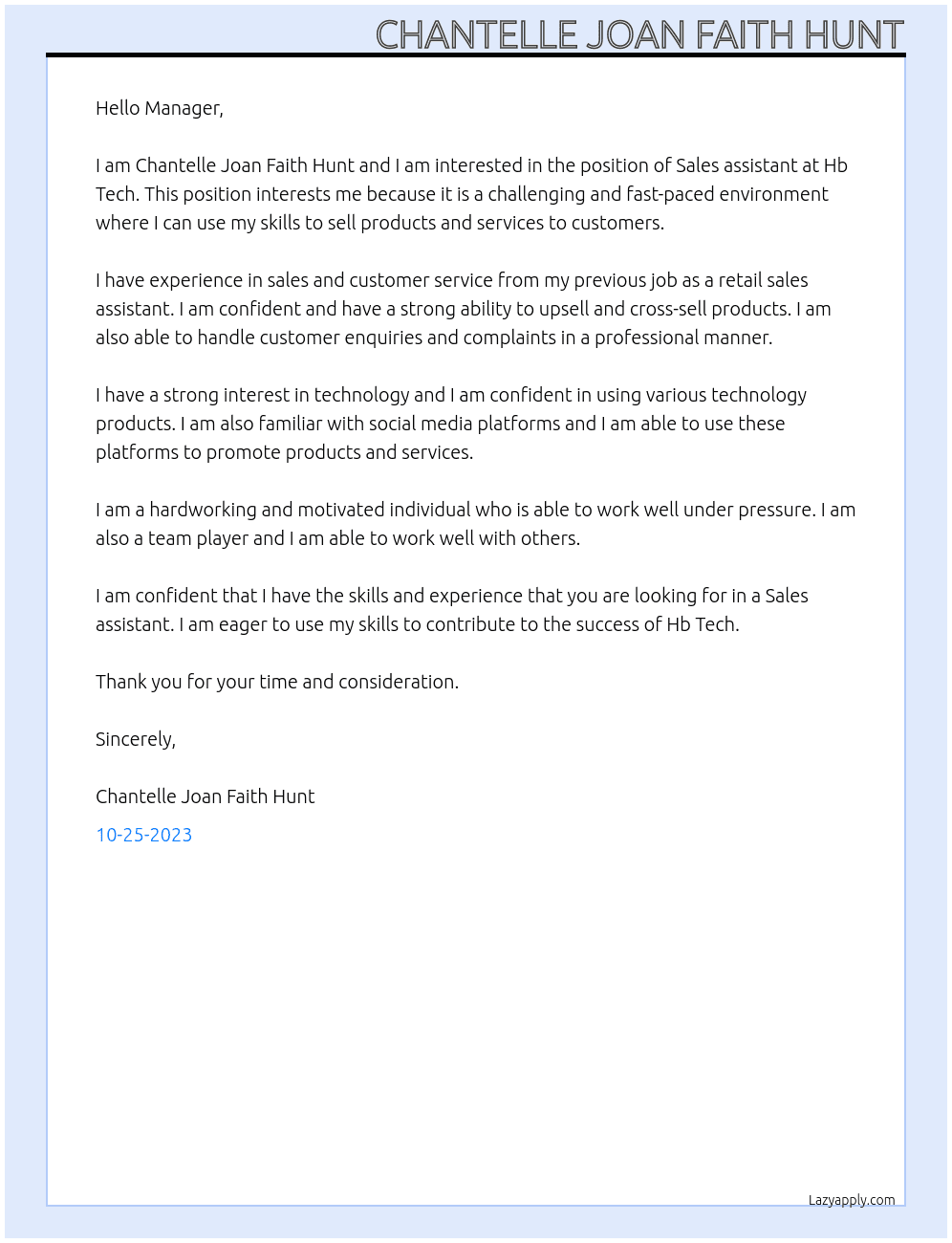 Sales assistant  At Hb Tech Cover Letter
