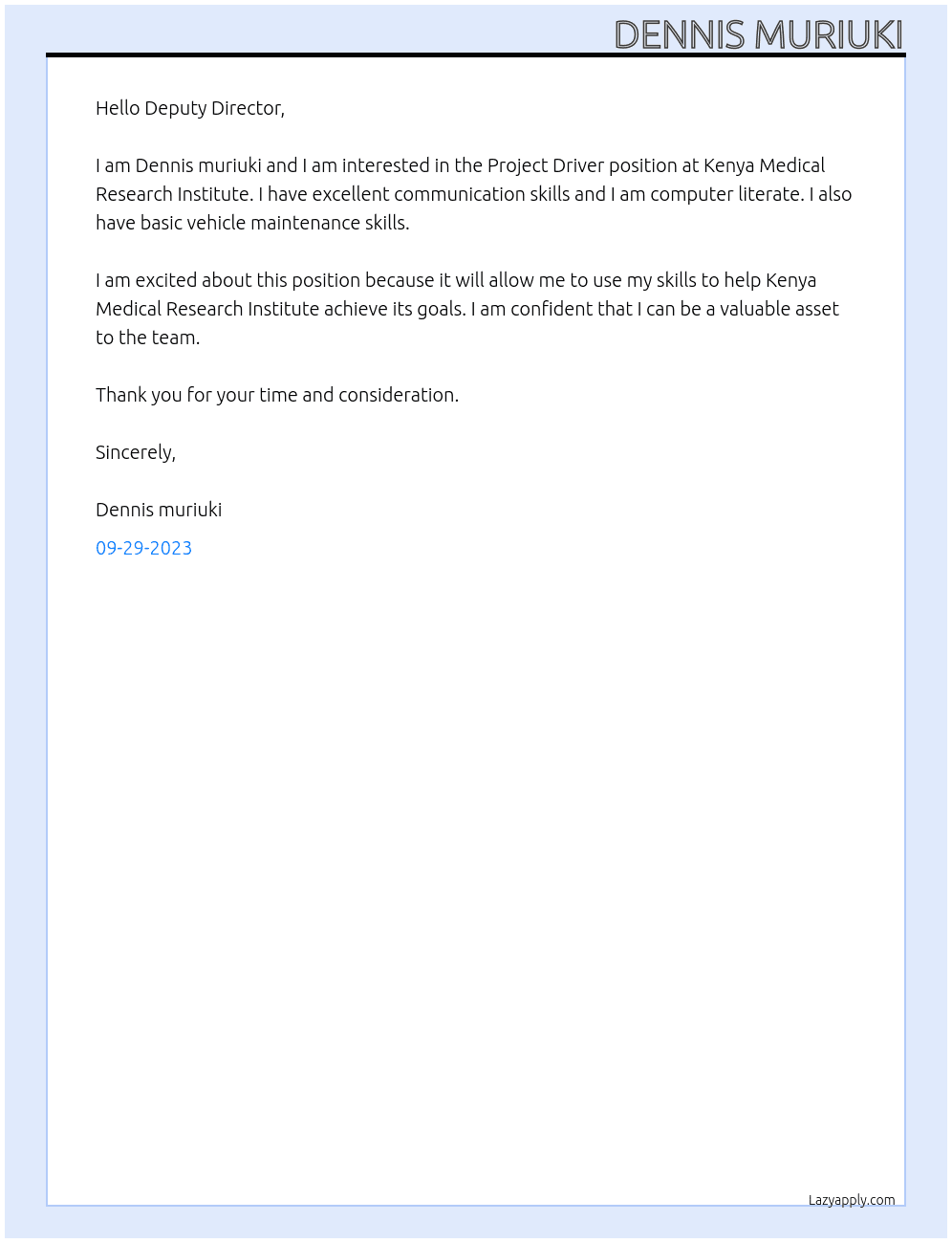 Project Driver At Kenya Medical Research Institute  Cover Letter