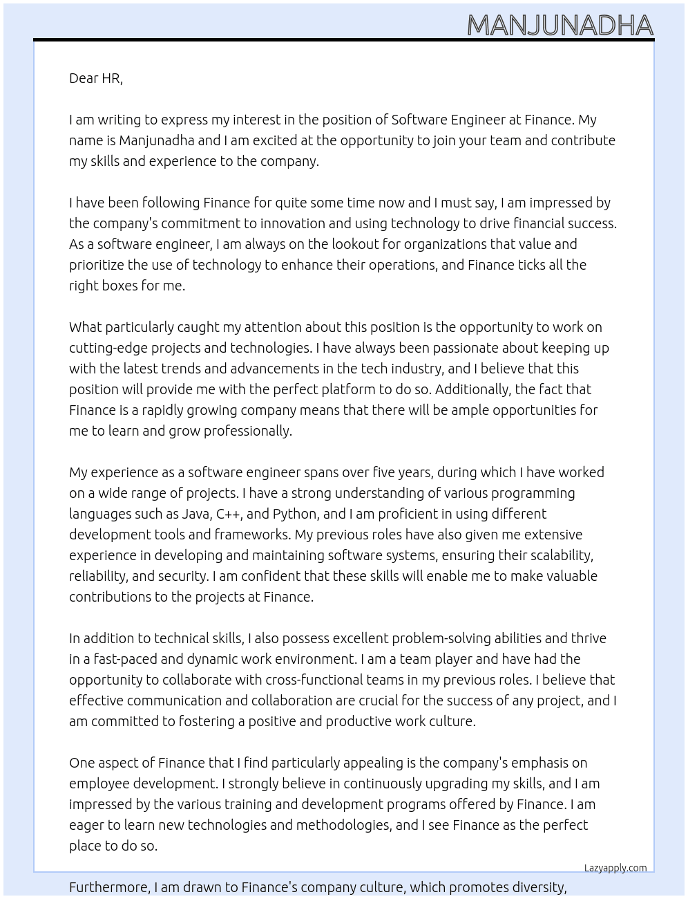Software Engineer At Finance Cover Letter