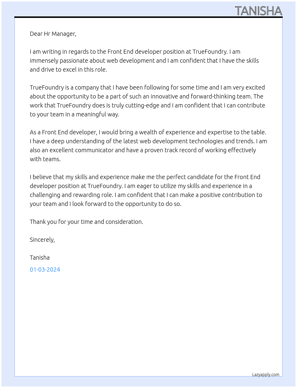 Front End developer At TrueFoundry Cover Letter