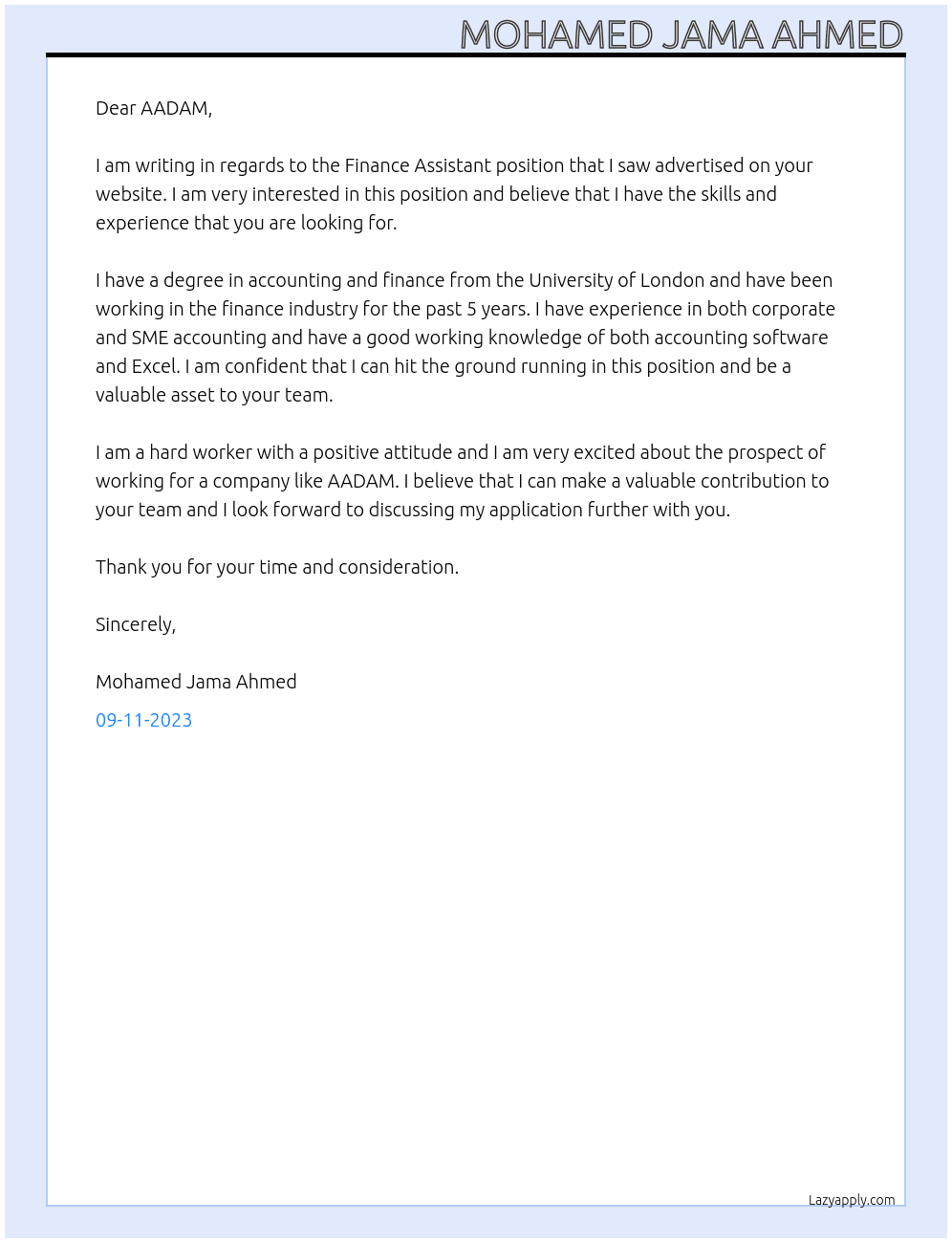 Finance Assistant At AADAM Cover Letter