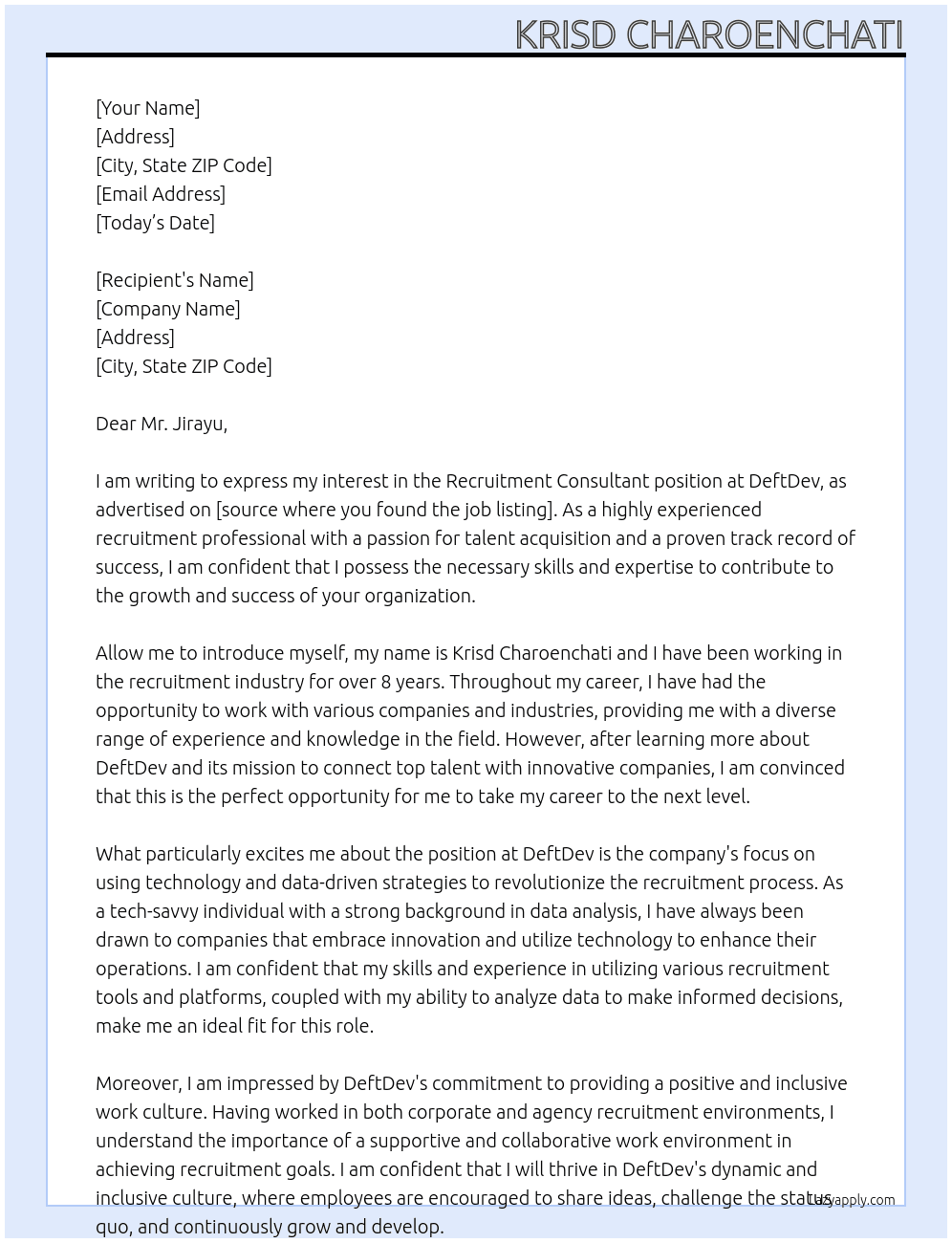 Recruitment Consultant At DeftDev Cover Letter