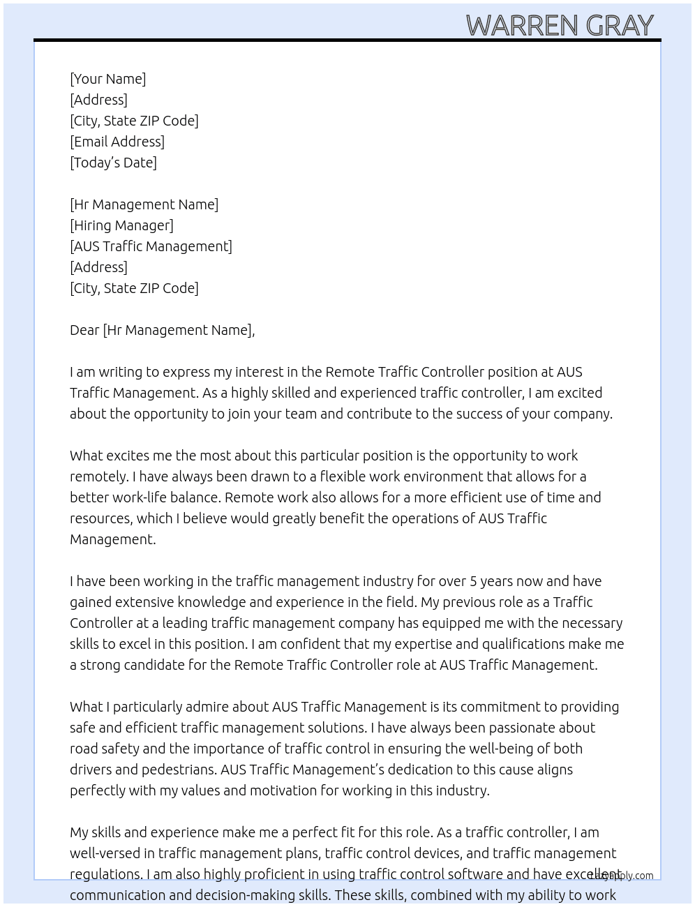 Remote Traffic Controller  At AUS Traffic Management Cover Letter