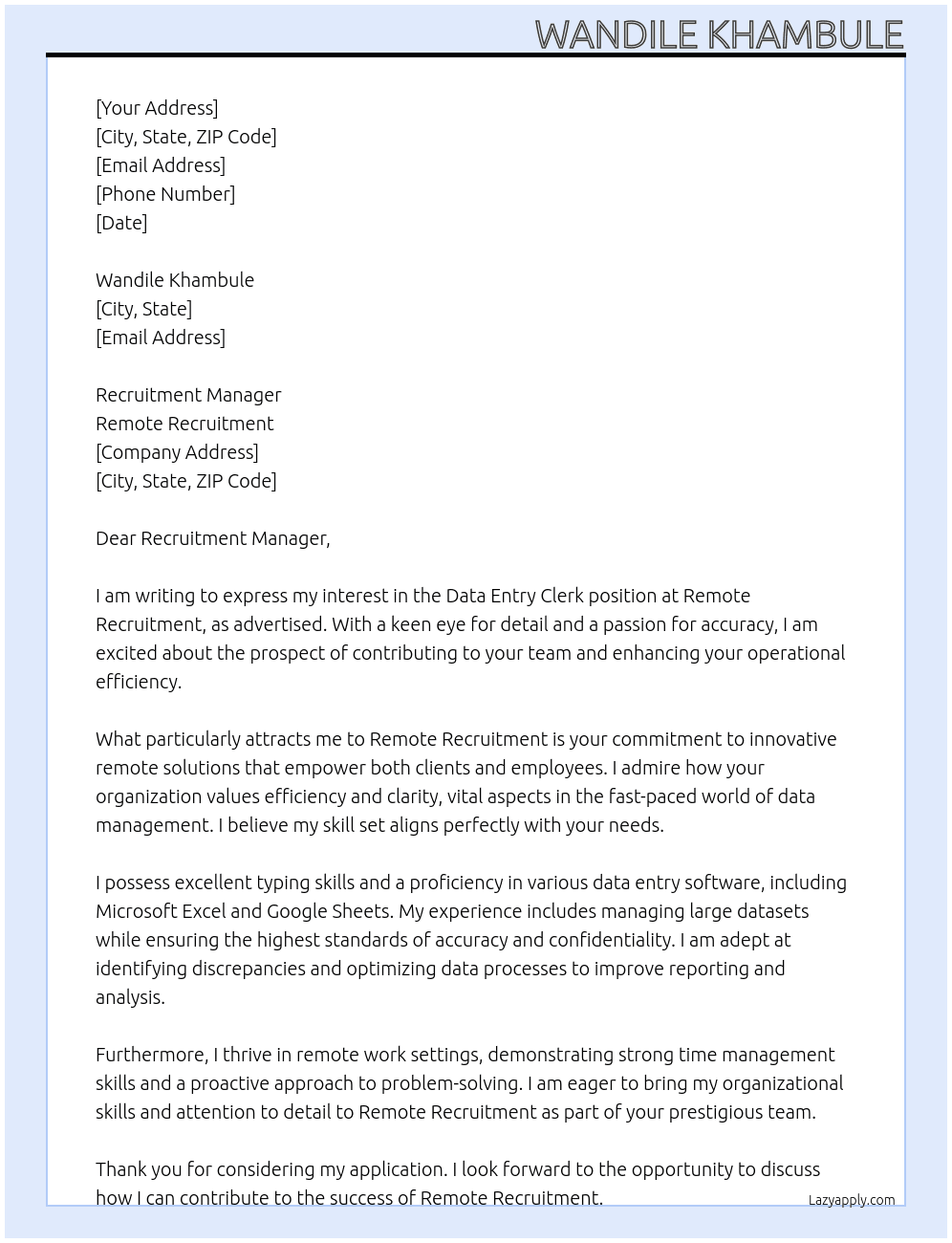 Data entry clerk At Remote recruitment Cover Letter