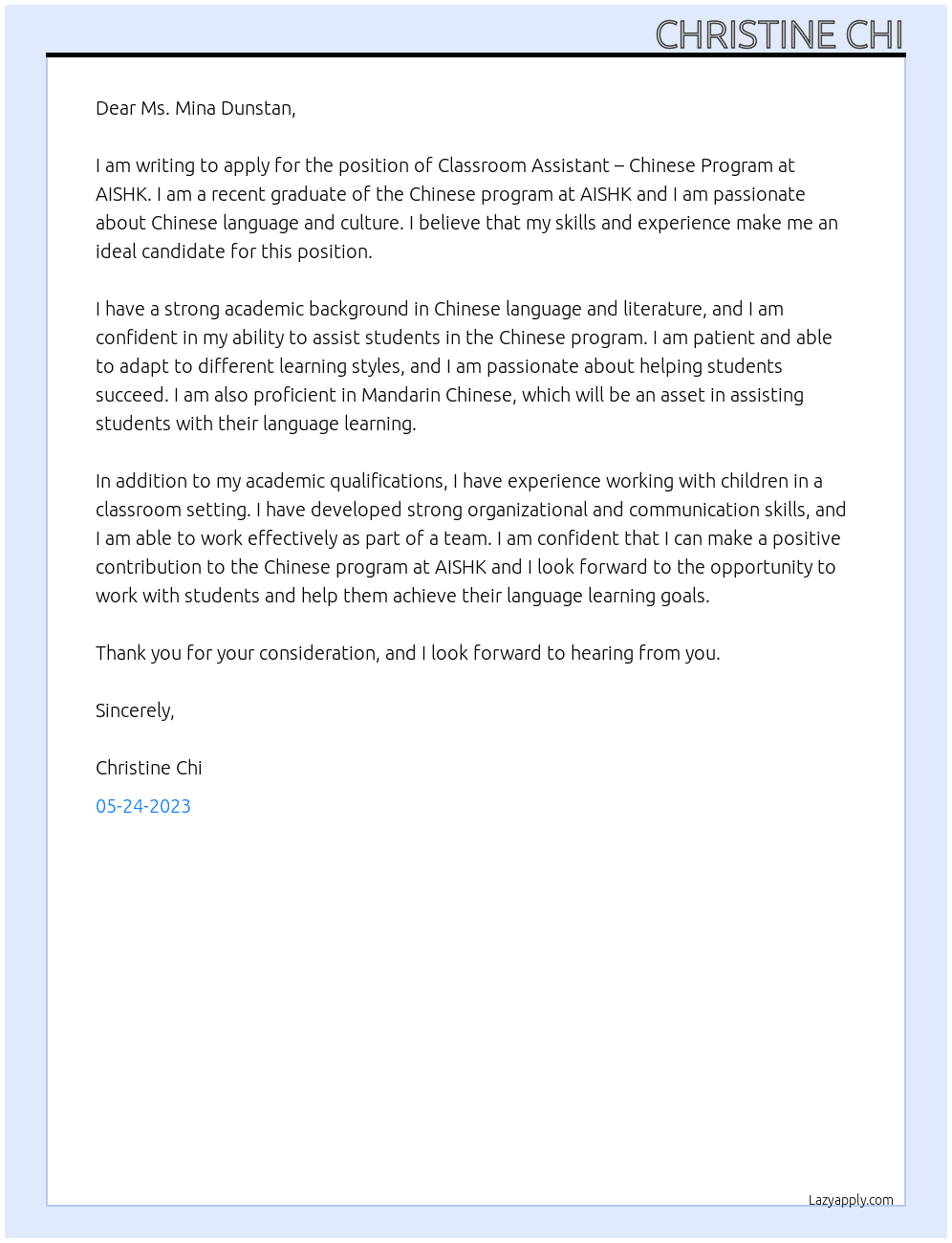 Classroom Assistant – Chinese Program At AISHK Cover Letter