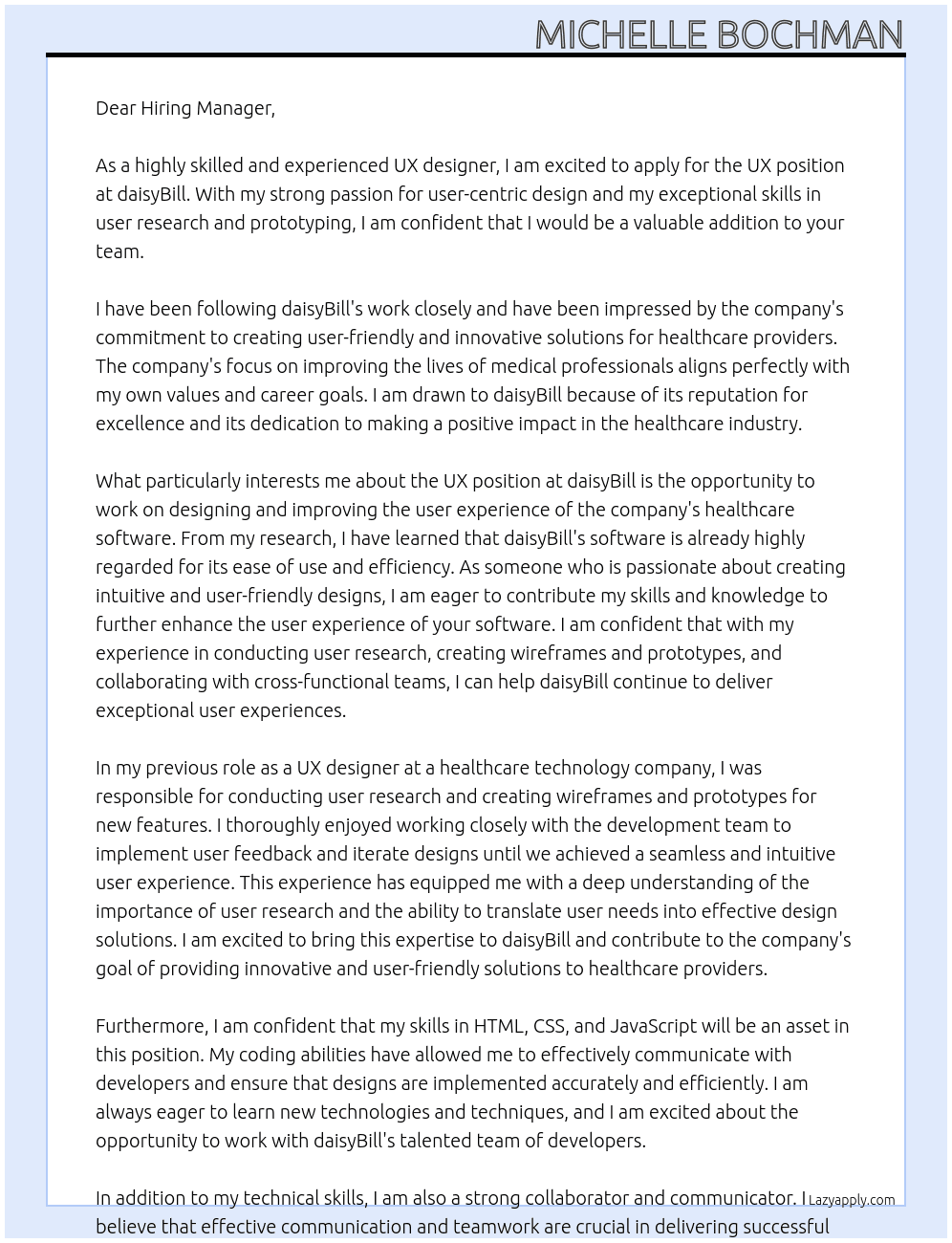UX At daisyBill Cover Letter