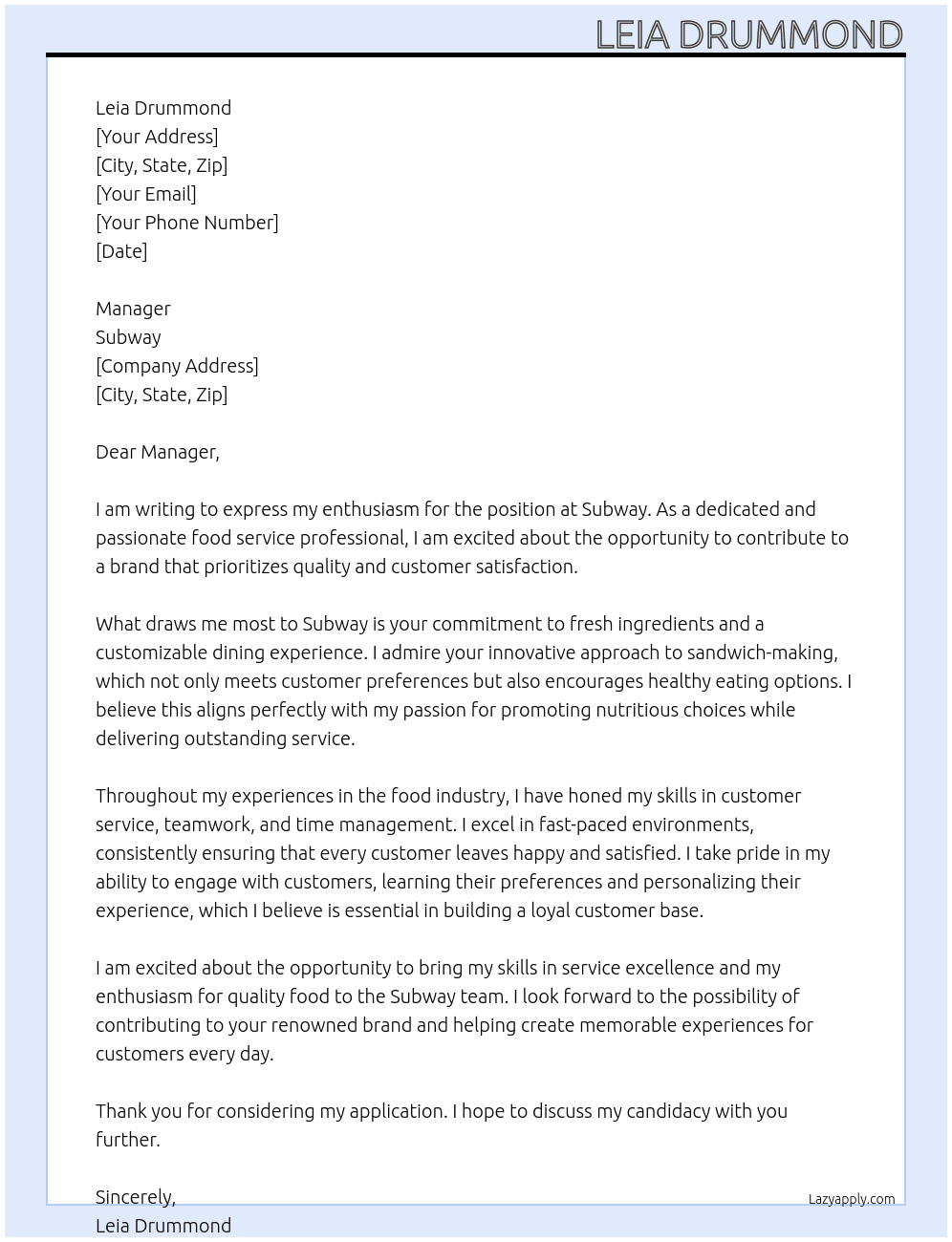 Cover letter for subway - LazyApply