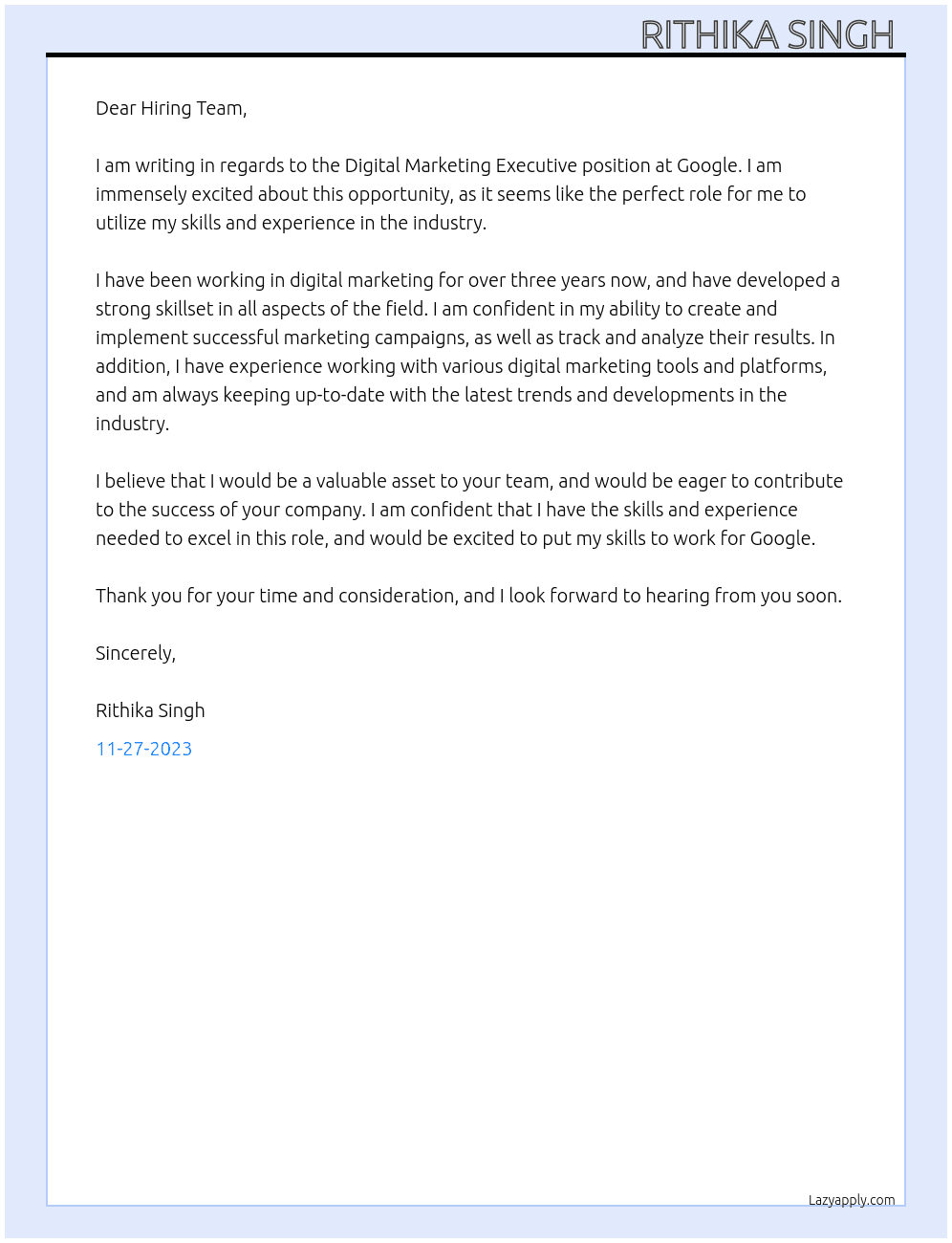 Digital marketing executive  At Google Cover Letter