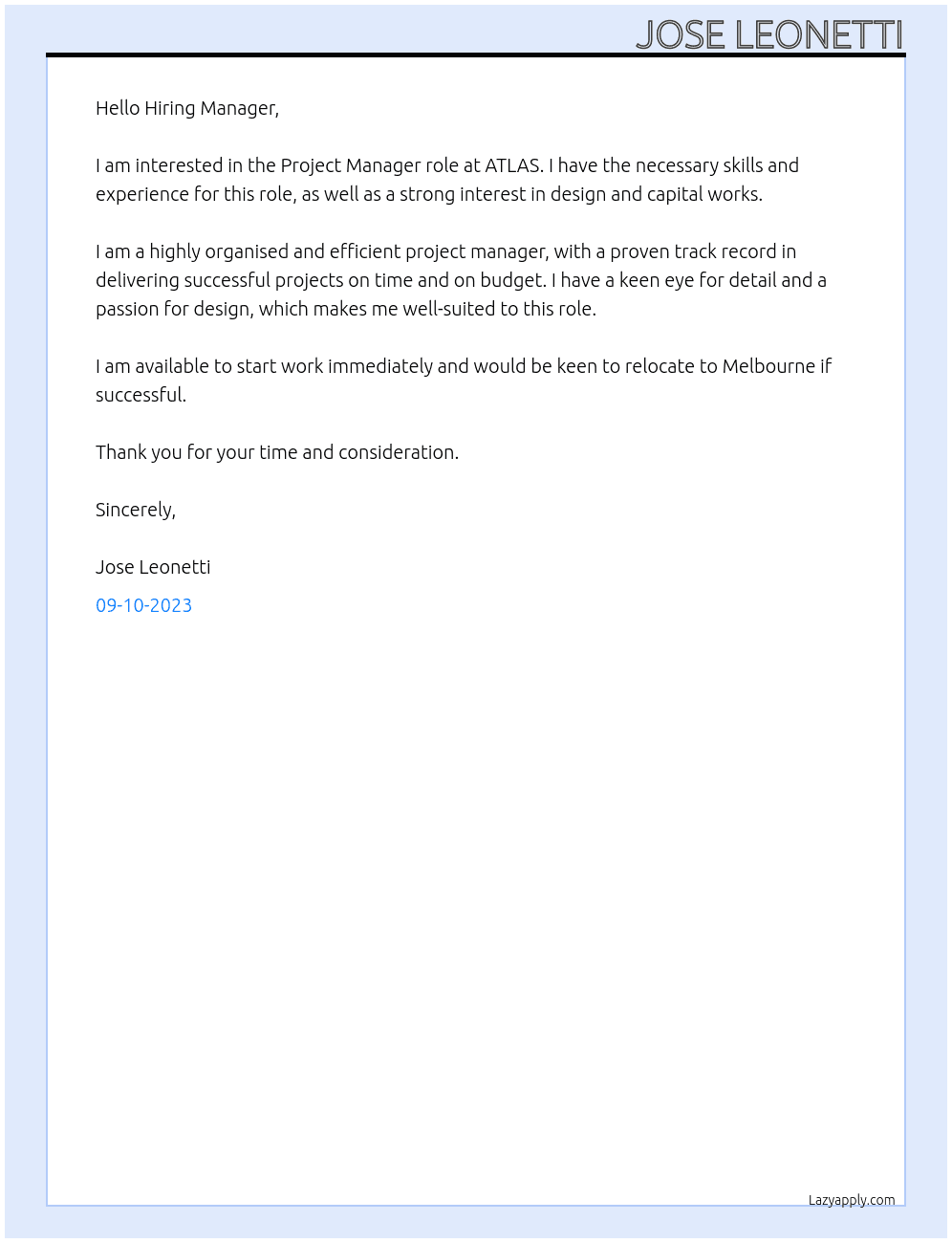 Project Manager At ATLAS Cover Letter