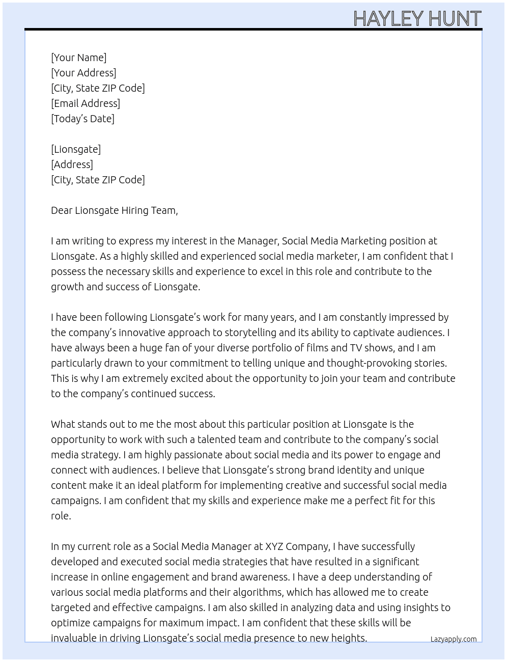 Manager, Social Media Marketing At Lionsgate Cover Letter