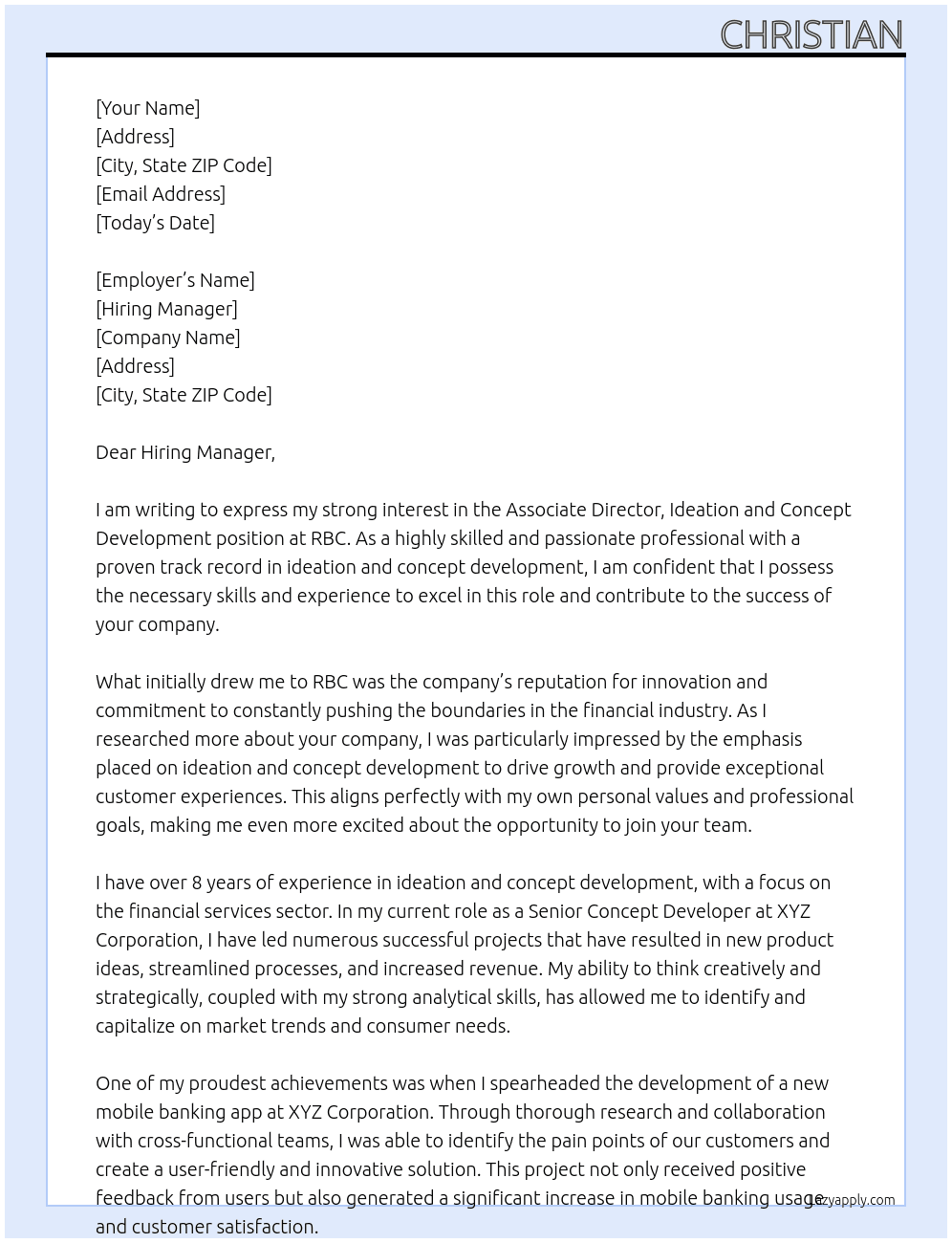 Associate Director, Ideation and Concept Development At RBC Cover Letter