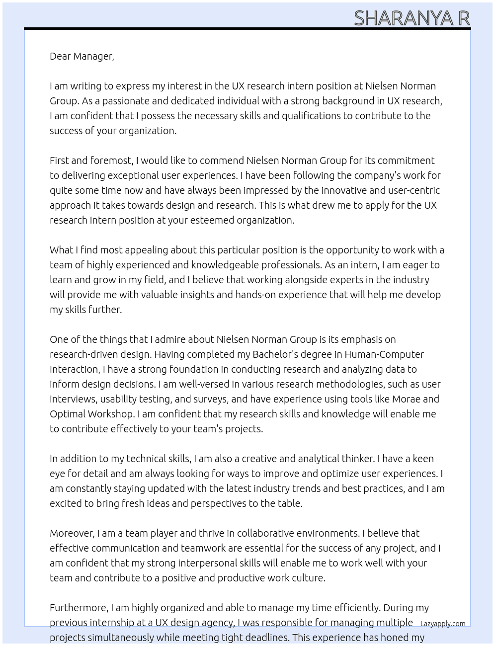 Cover letter for ux research intern - LazyApply
