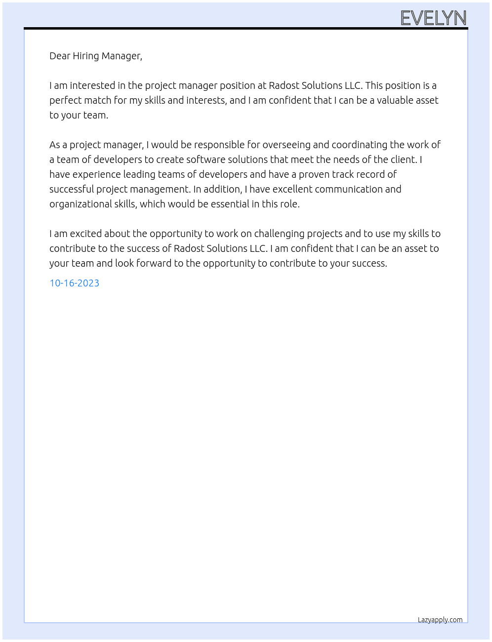 project manager At Radost Solutions LLC Cover Letter