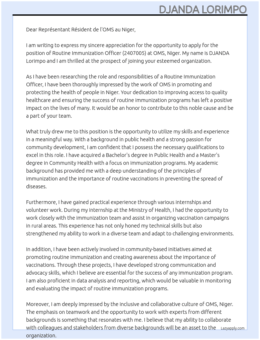Routine Immunization Officer - (2407005) At OMS, Niger  Cover Letter