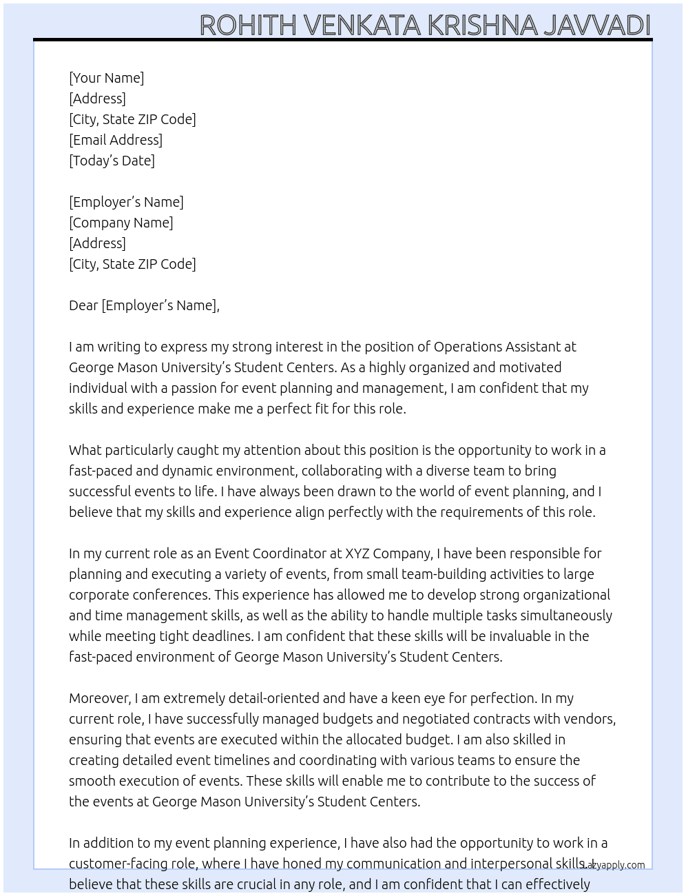operation assistant At George Mason University Cover Letter