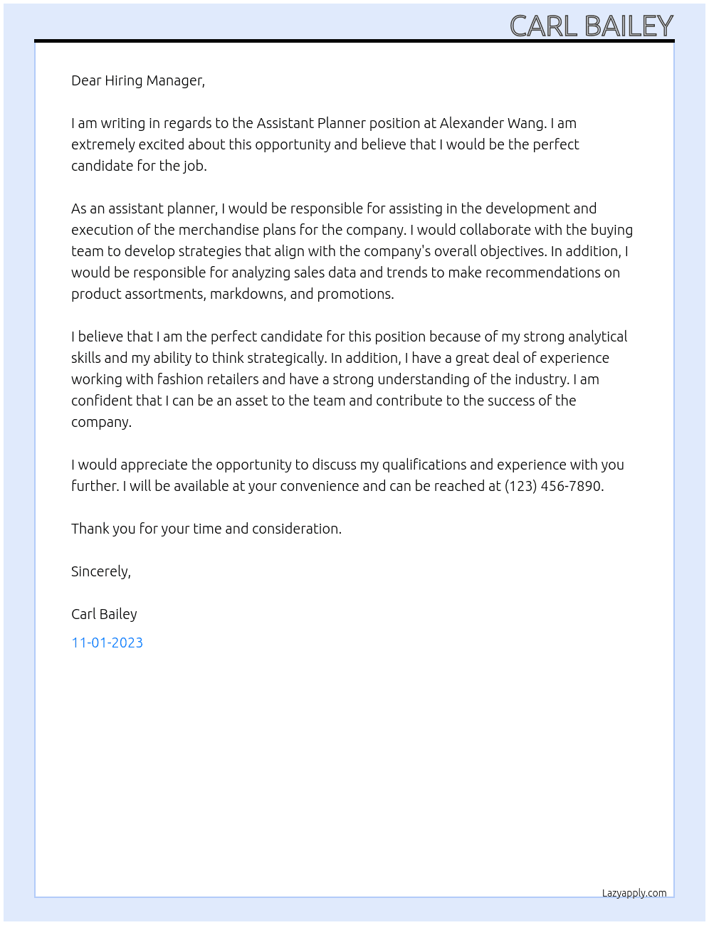 Assistant Planner  At Alexander Wang Cover Letter