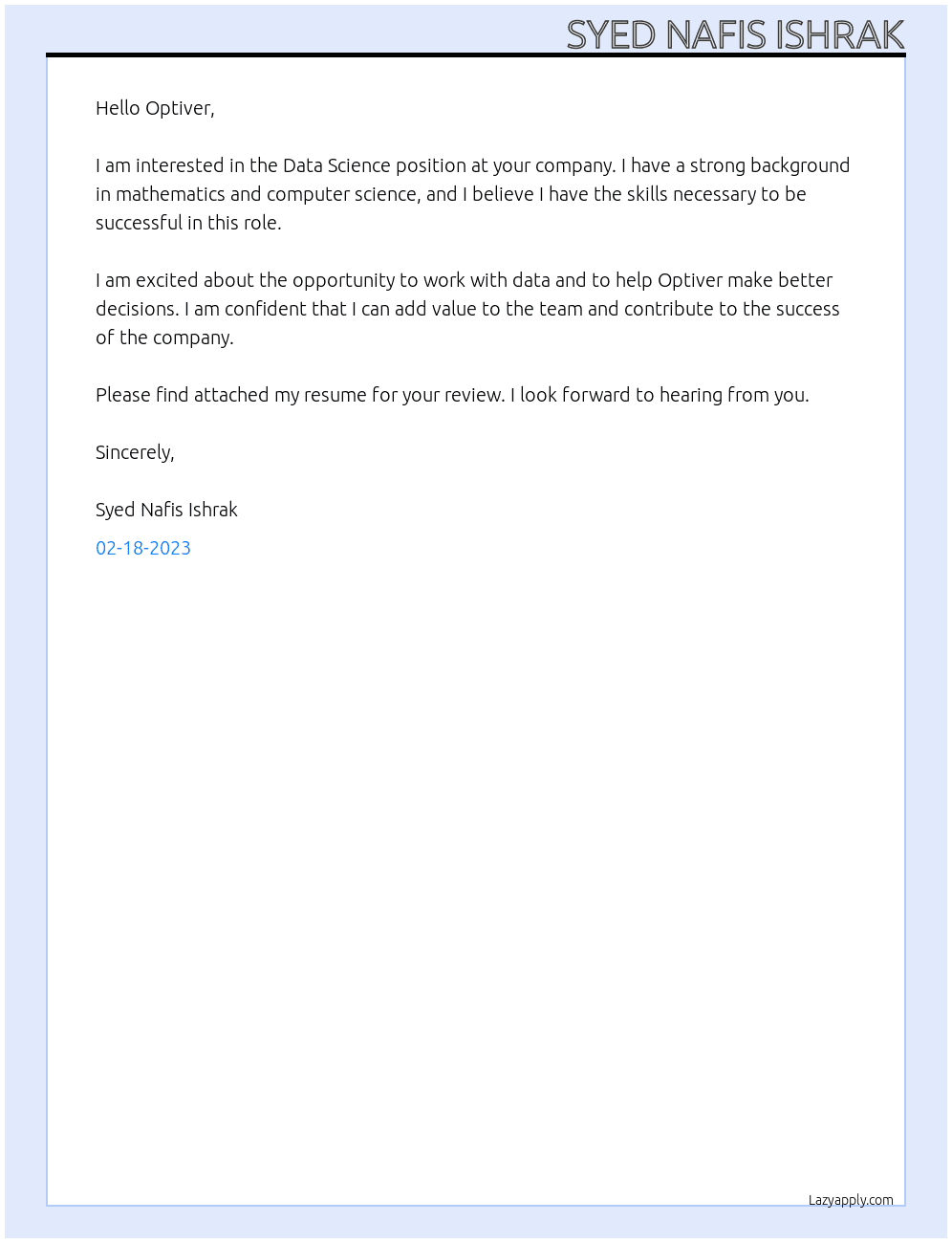 Data Science At Optiver Cover Letter