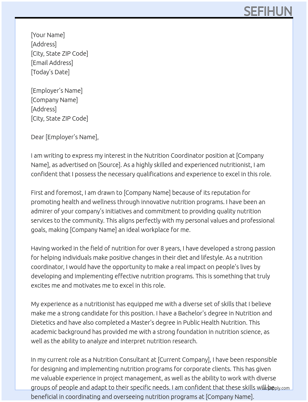 Nutrition coordinator At sefihun Cover Letter