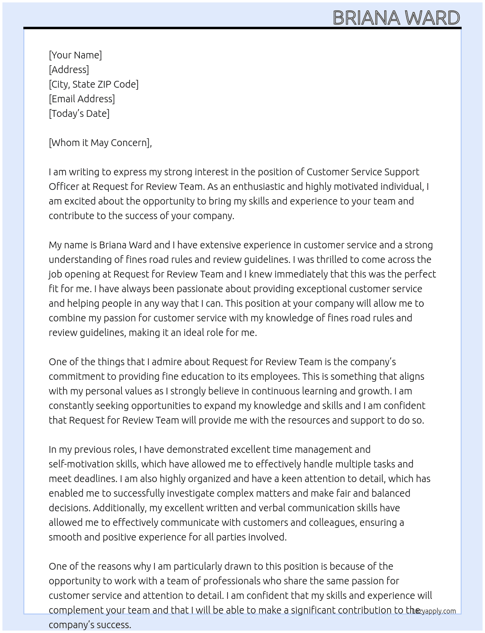 Customer Service Support Officer At Request for Review Team Cover Letter