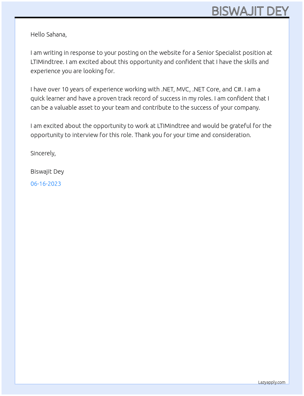 Senior Specialist At LTIMindtree Cover Letter