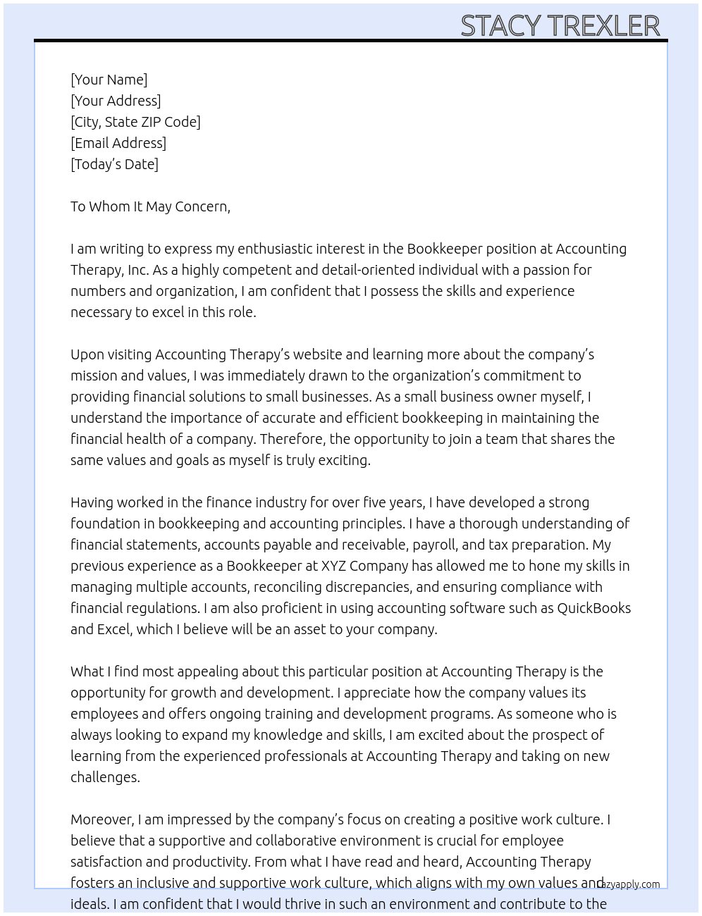 Bookkeeper At Accounting Therapy, Inc.  Cover Letter