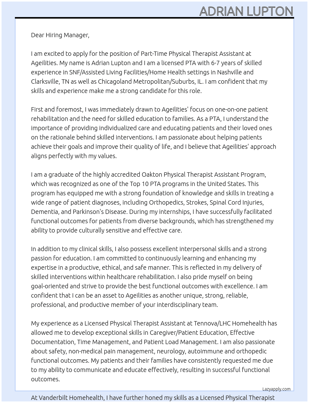 Physical Therapist Assistant At Ageilities Cover Letter