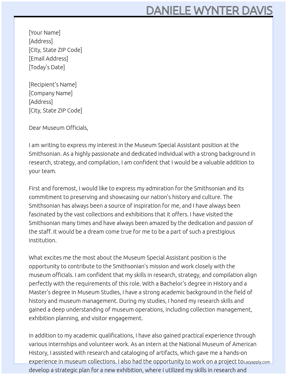 Museum special assistant  At Smithsonian  Cover Letter