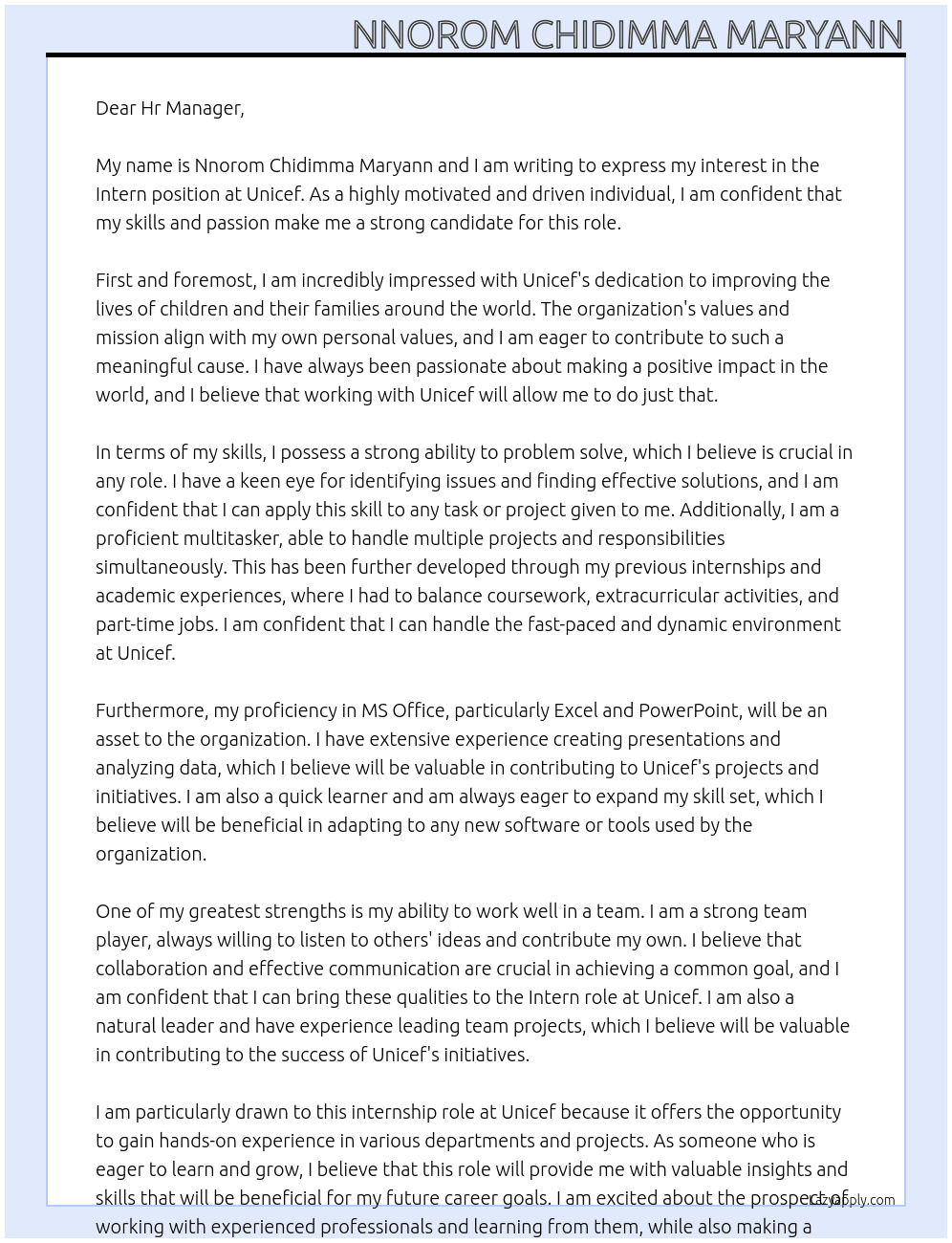 Cover letter for an intern - LazyApply