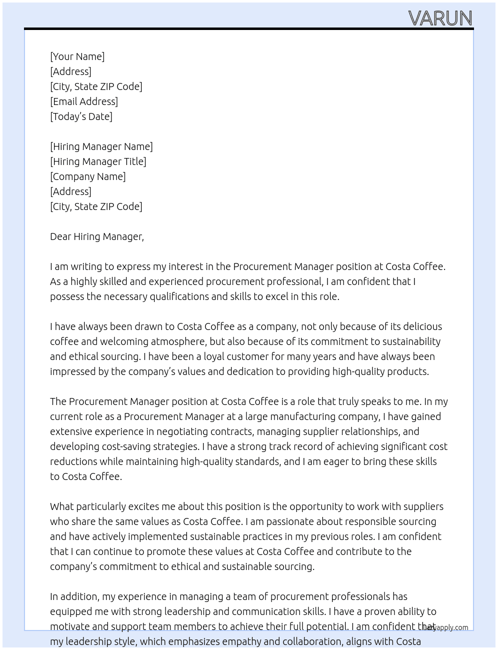 Procurement Manager At Costa Coffee Cover Letter