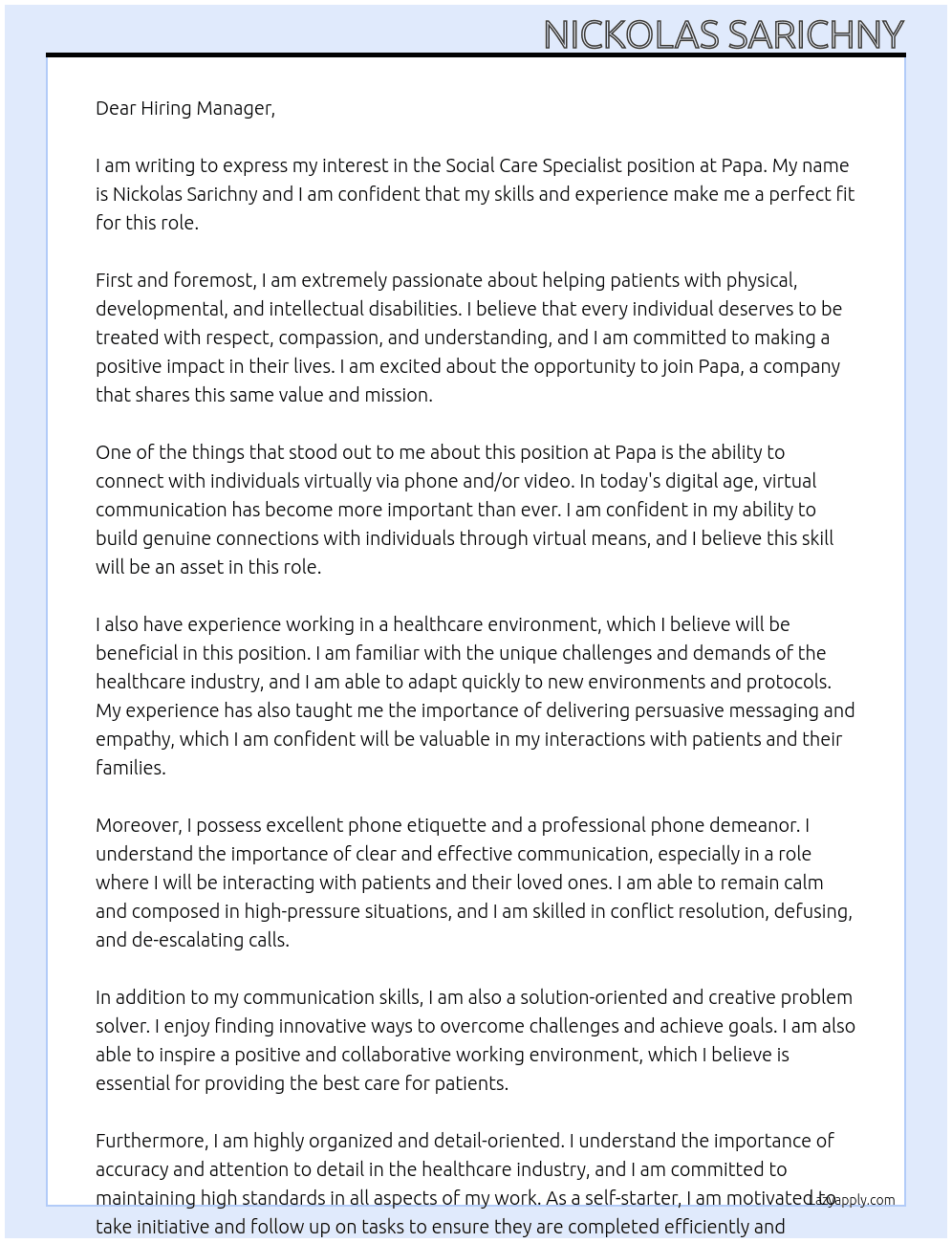 Social Care Specialist At Papa Cover Letter