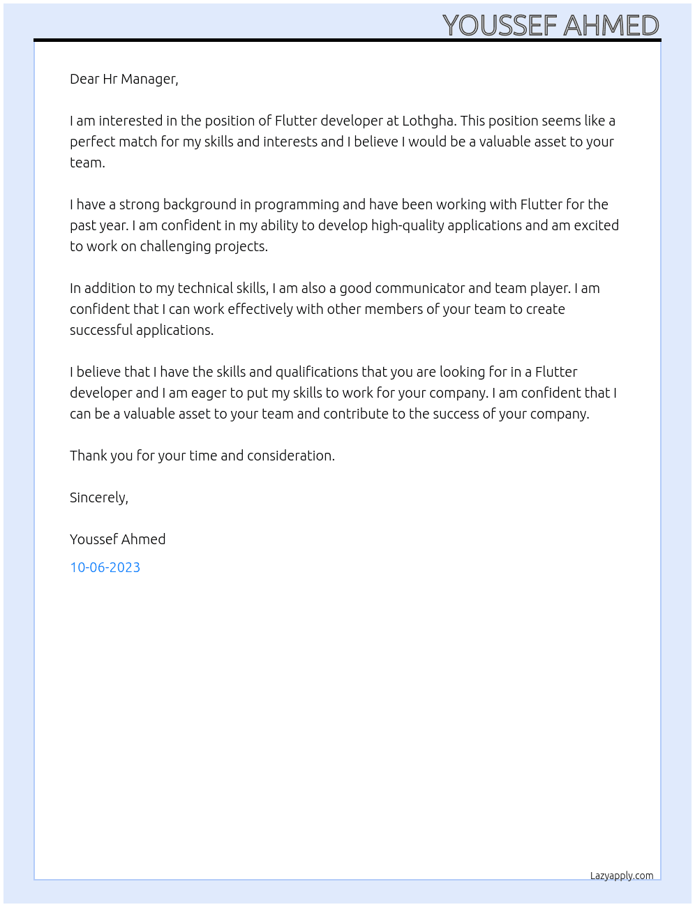 Flutter developer  At Lothgha Cover Letter