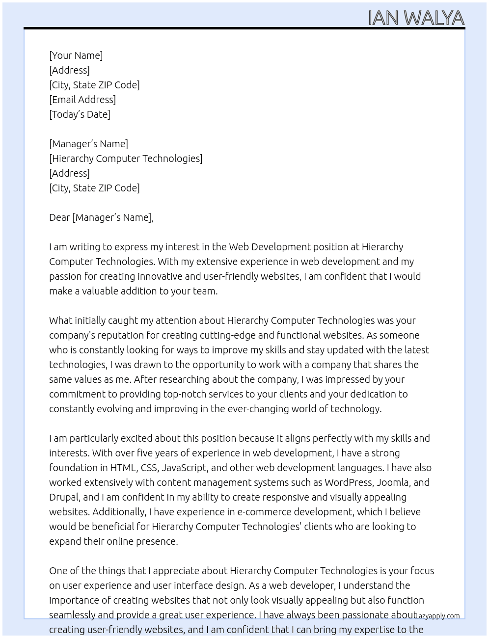 Web development At Hierarchy computer technologies  Cover Letter