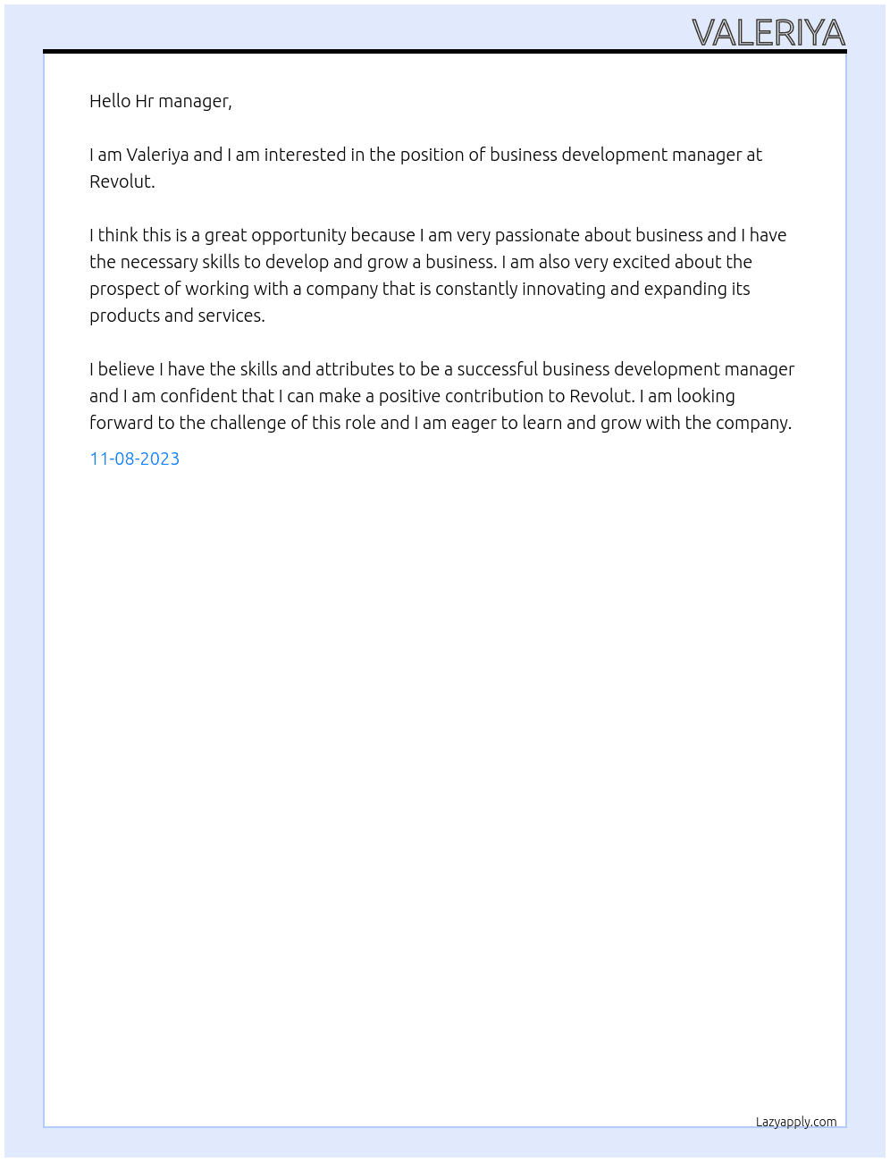 business development manager At Revolut Cover Letter