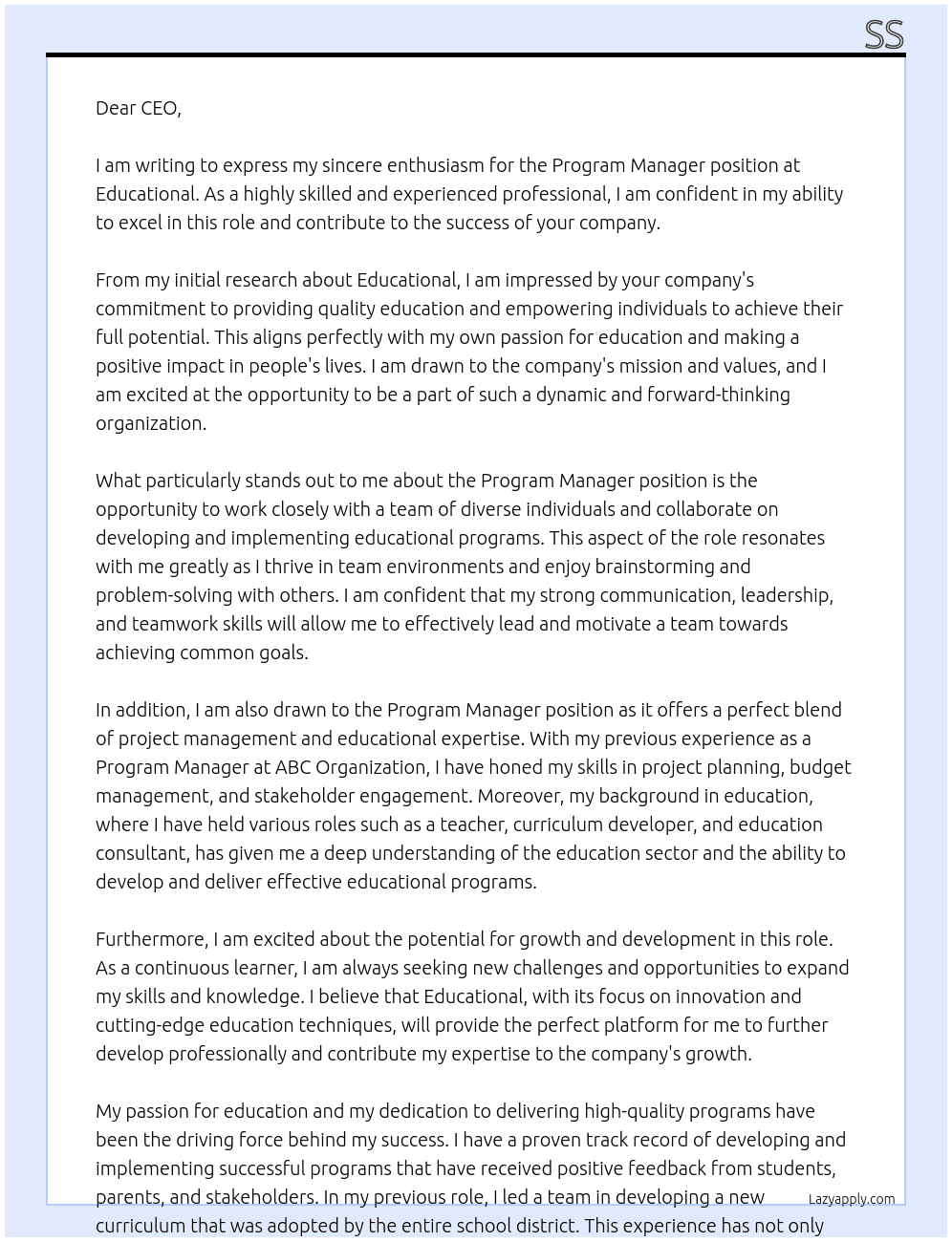 Program manager  At Educational  Cover Letter