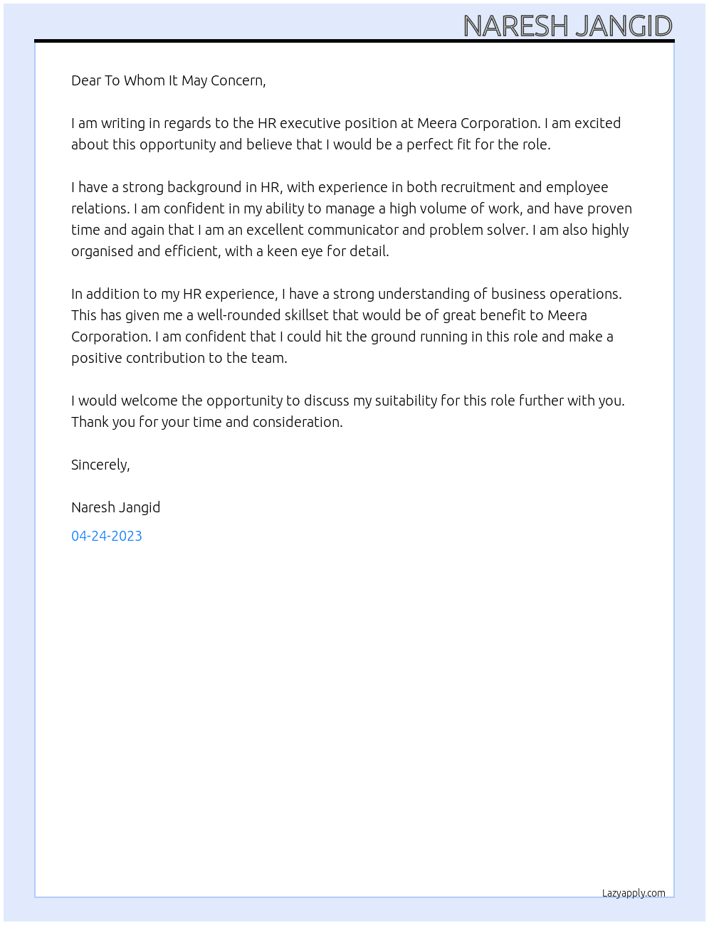 Hr executive At Meera Corporation Cover Letter