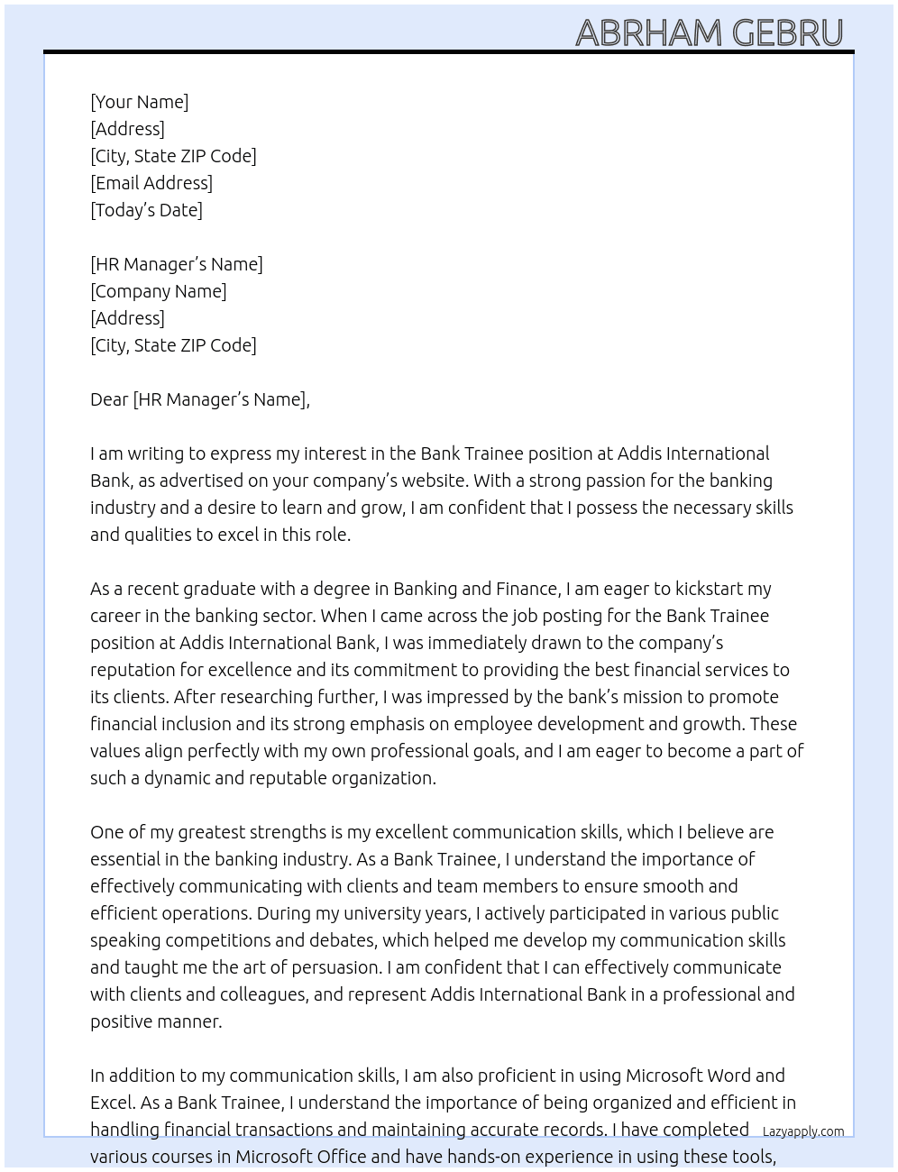 Bank Trainee At Addis International Banj Cover Letter