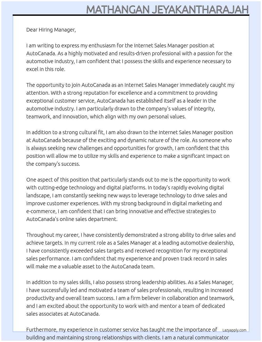 Internet Sales Manager At  AutoCanada Cover Letter