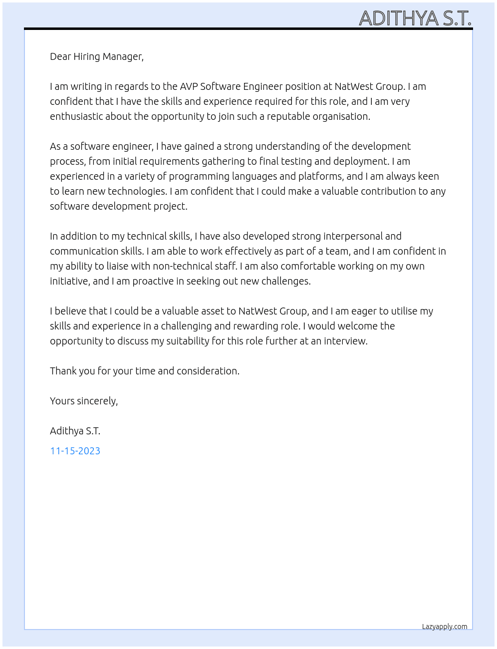 Software Engineer, AVP At NatWest Group Cover Letter
