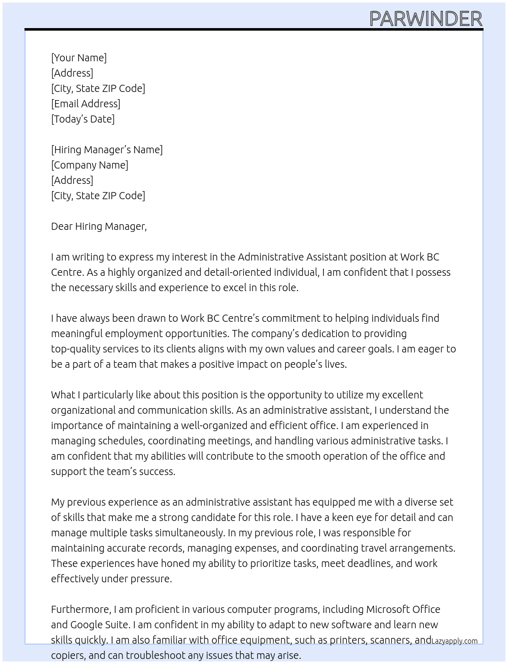administrative assistant At Work BC Centre Cover Letter