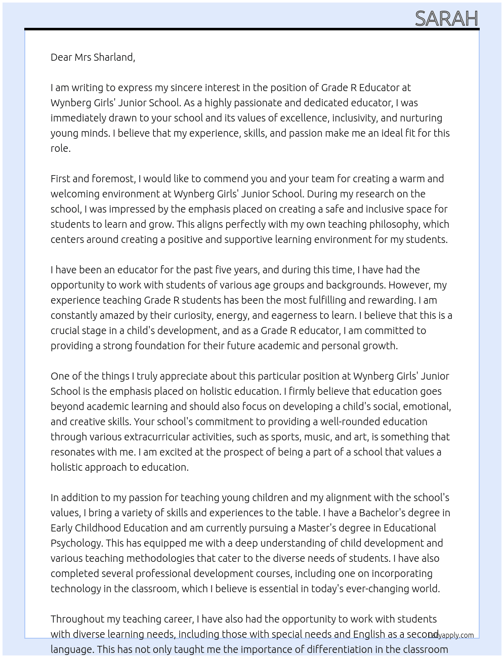 Grade R Educator At Wynberg Girls' Junior School Cover Letter