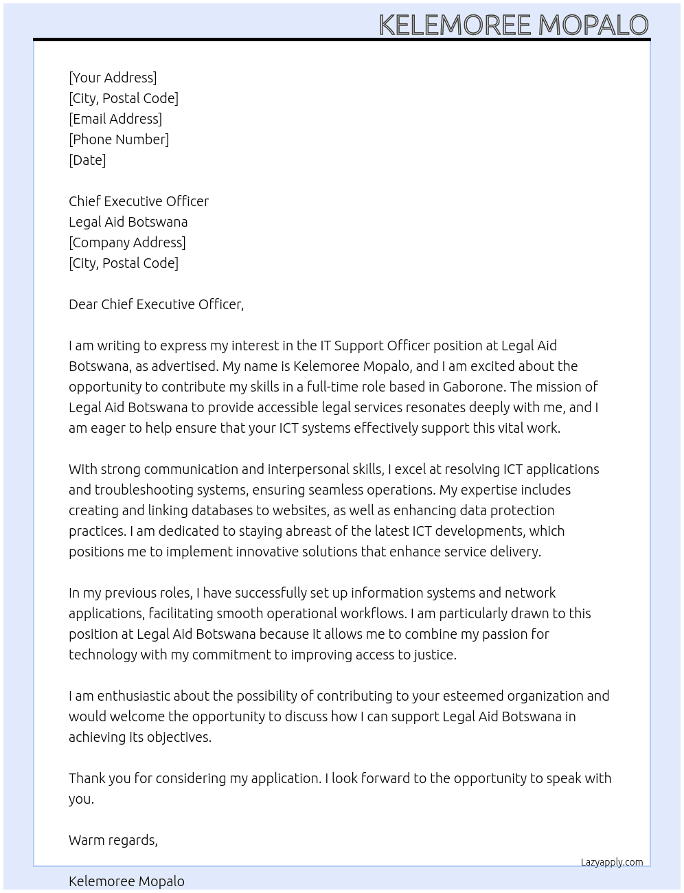 IT Support officer At Legal Aid Botswana Cover Letter