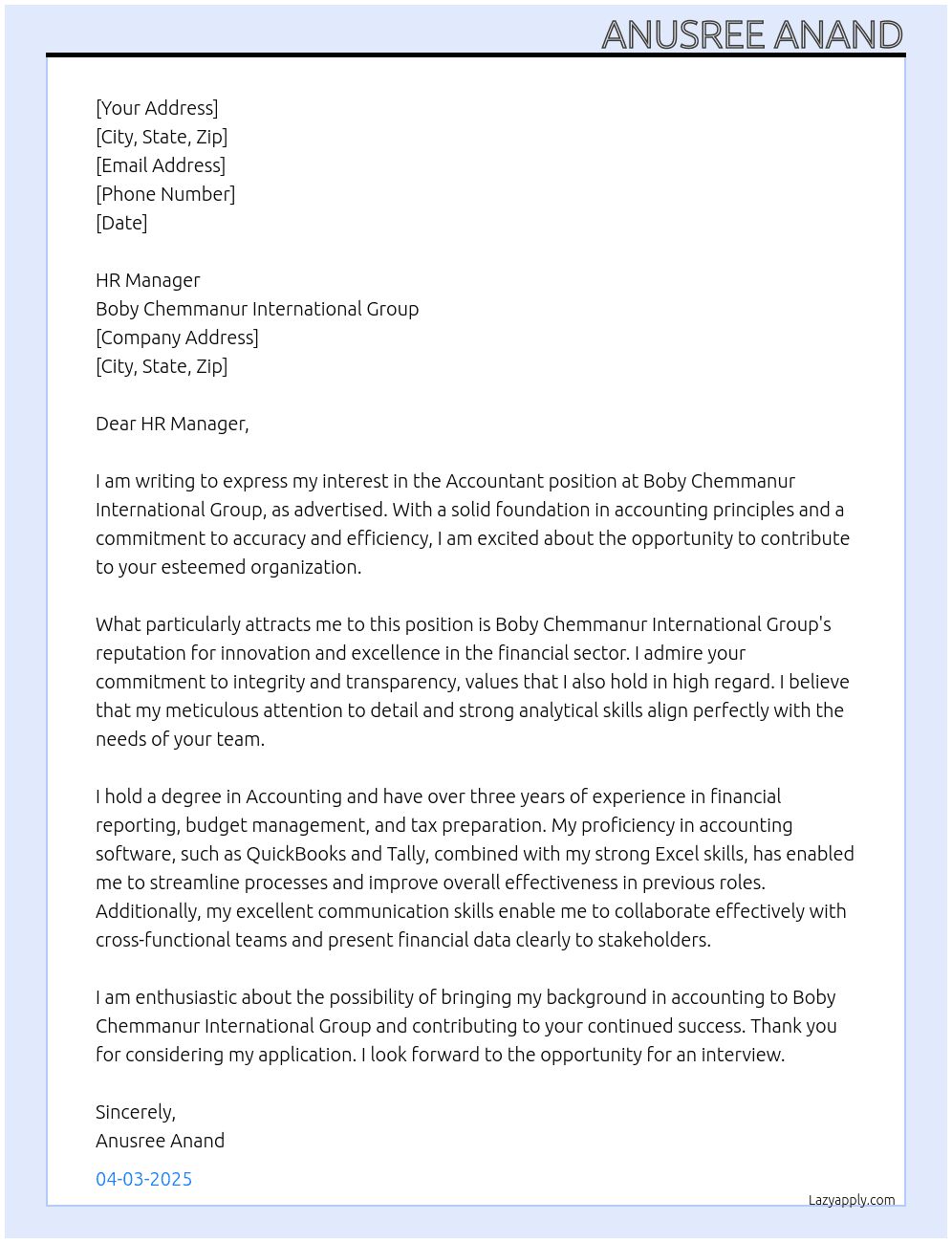 Accountant  At Boby Chemmanur International Group  Cover Letter