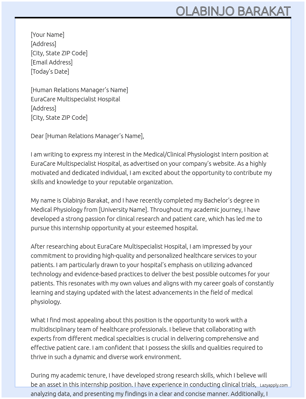 Medical/Clinical Physiologist Intern At EuraCare Multispecialist Hospital Cover Letter