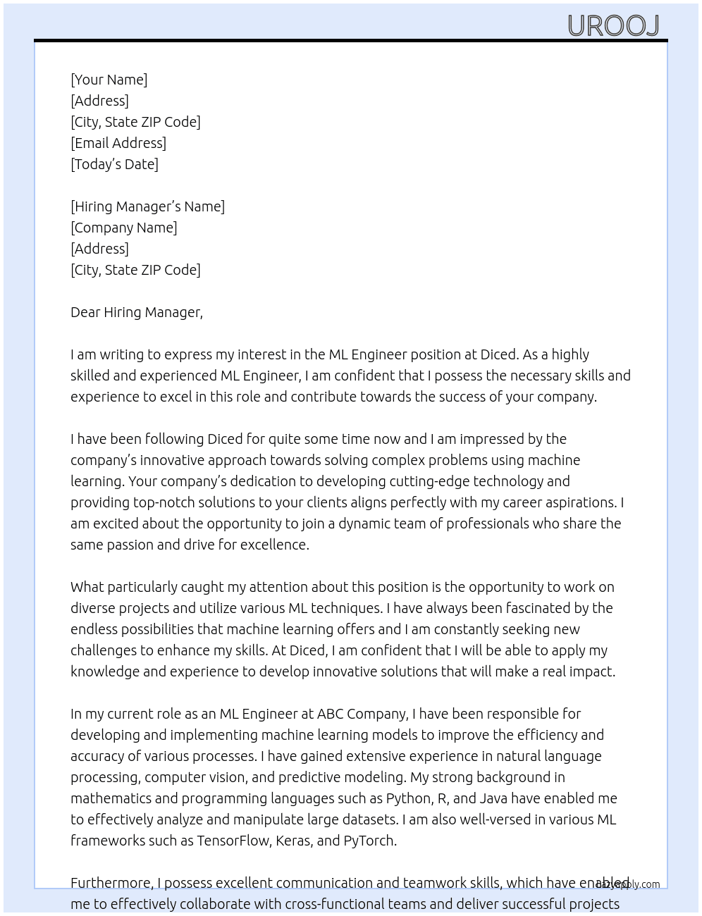Ml engineer At Diced Cover Letter