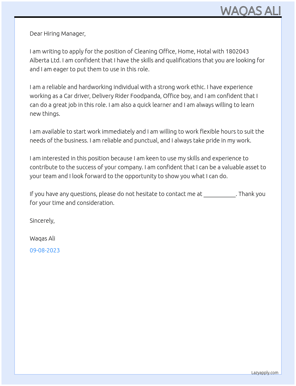 Cleaning Office, Home, Hotal  At 1802043 Alberta Ltd. Cover Letter