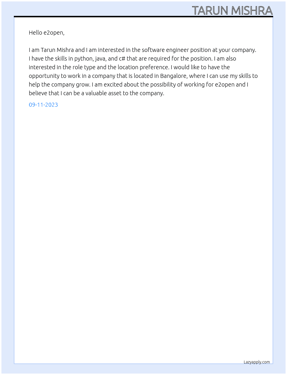 software engineer  At e2open Cover Letter