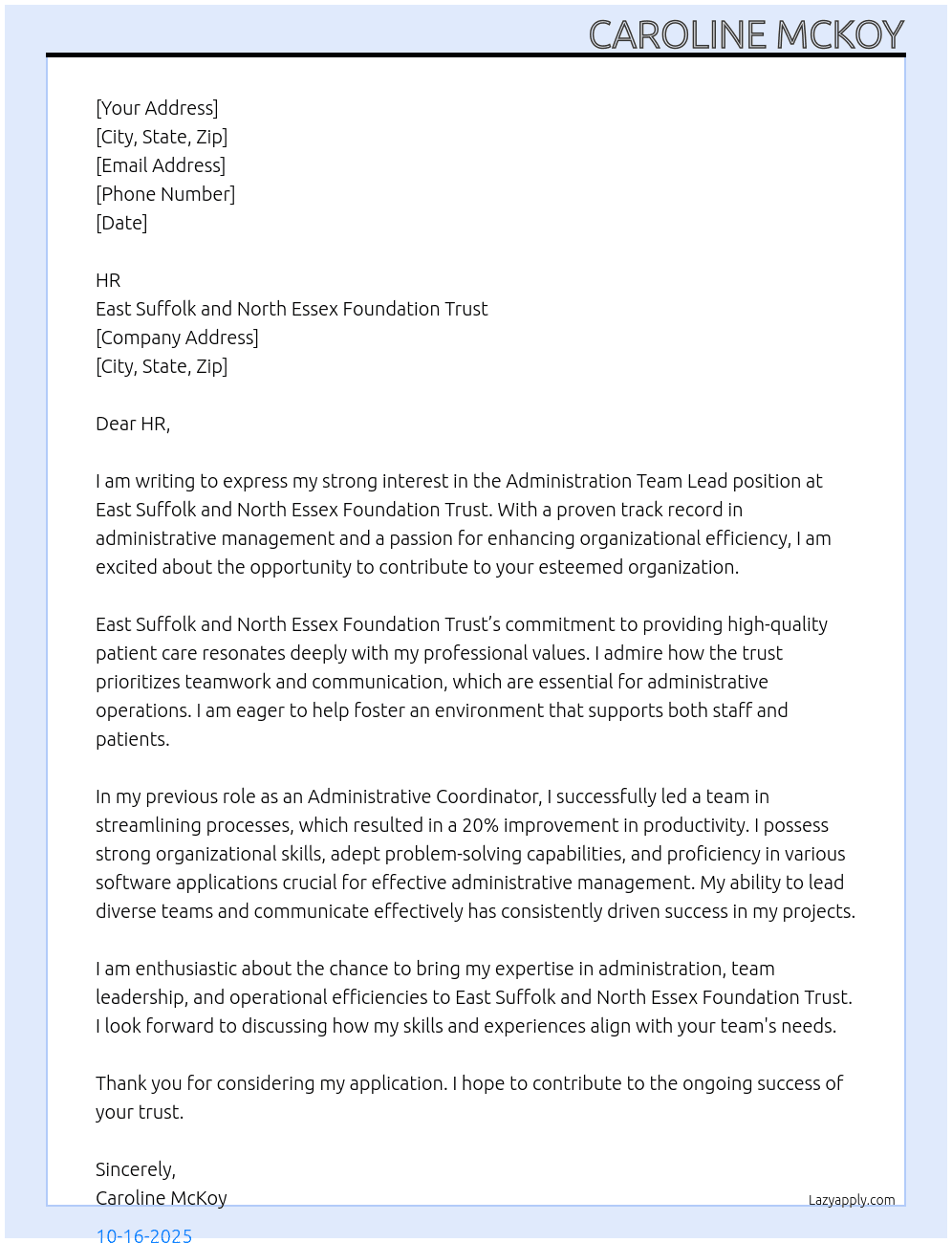 Cover letter for administration team lead - LazyApply